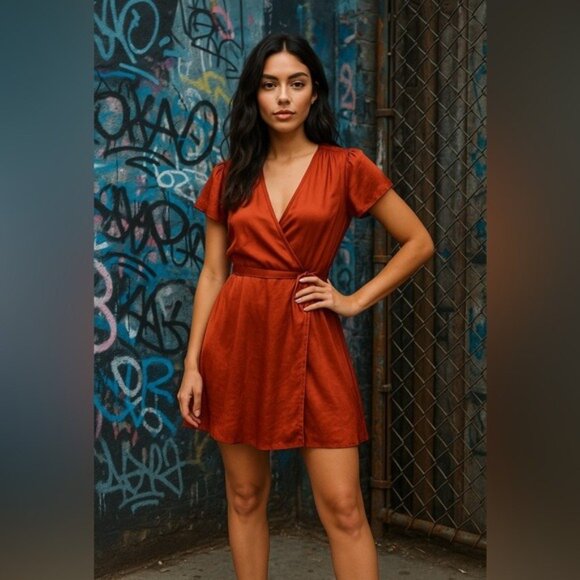 Urban Outfitters Rust Satin Wrap Dress Short Sleeve Size Medium Boho Autumncore - Picture 1 of 11
